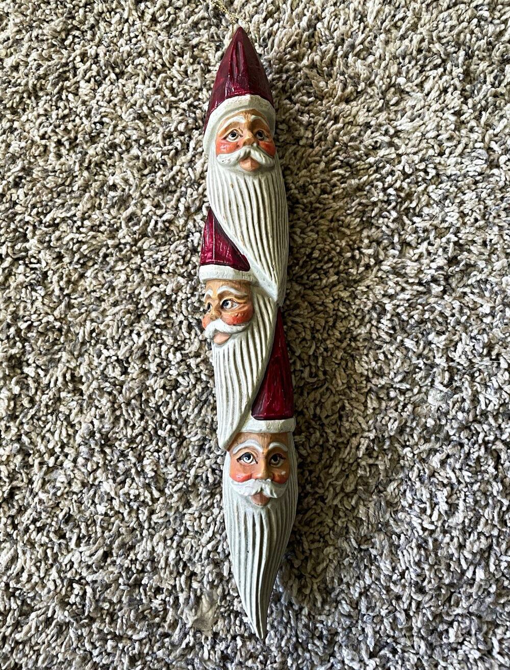 Vintage 3 Santa Claus Totem Pole Ornament 10 1/2" Tall Folk Art Christmas Decor